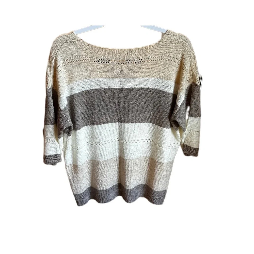Cream/ Tan Striped Large V-neck 3/4 length Sleeve Sweater - Picture 4 of 6